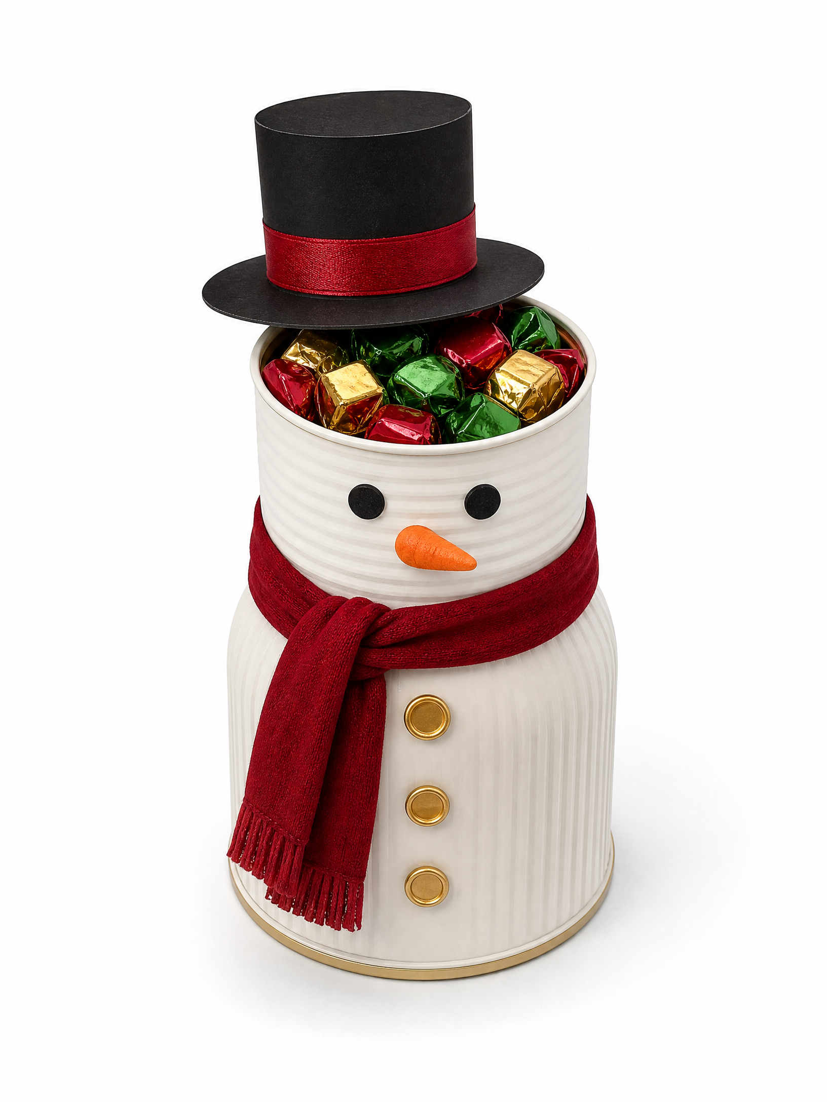 Boneco de neve porta-balas feito com duas latas recicladas, em fotografia vertical sobre fundo branco.