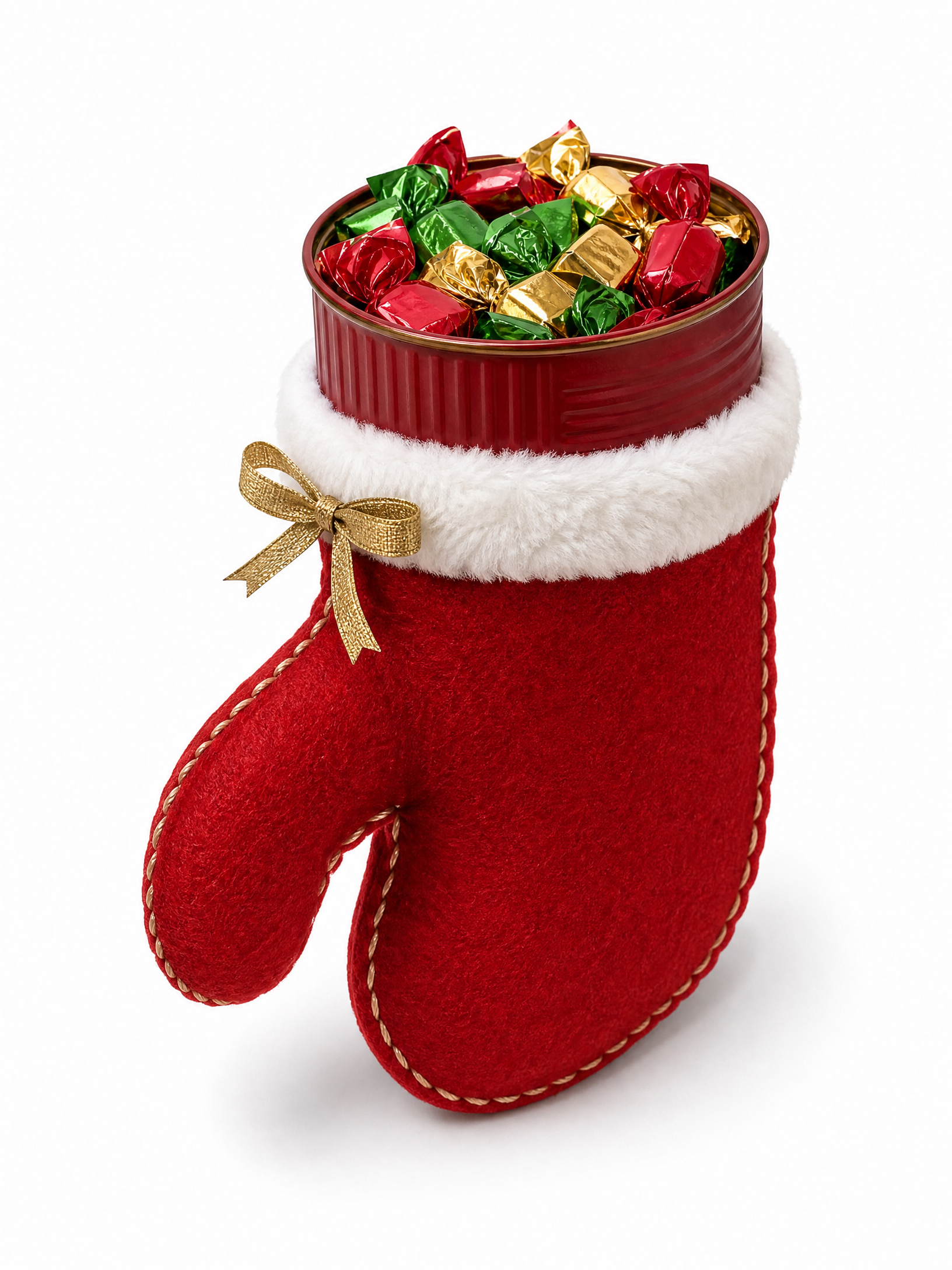 Luva do Papai Noel porta-balas feita com lata reciclada e tecido vermelho, em fotografia vertical sobre fundo branco.