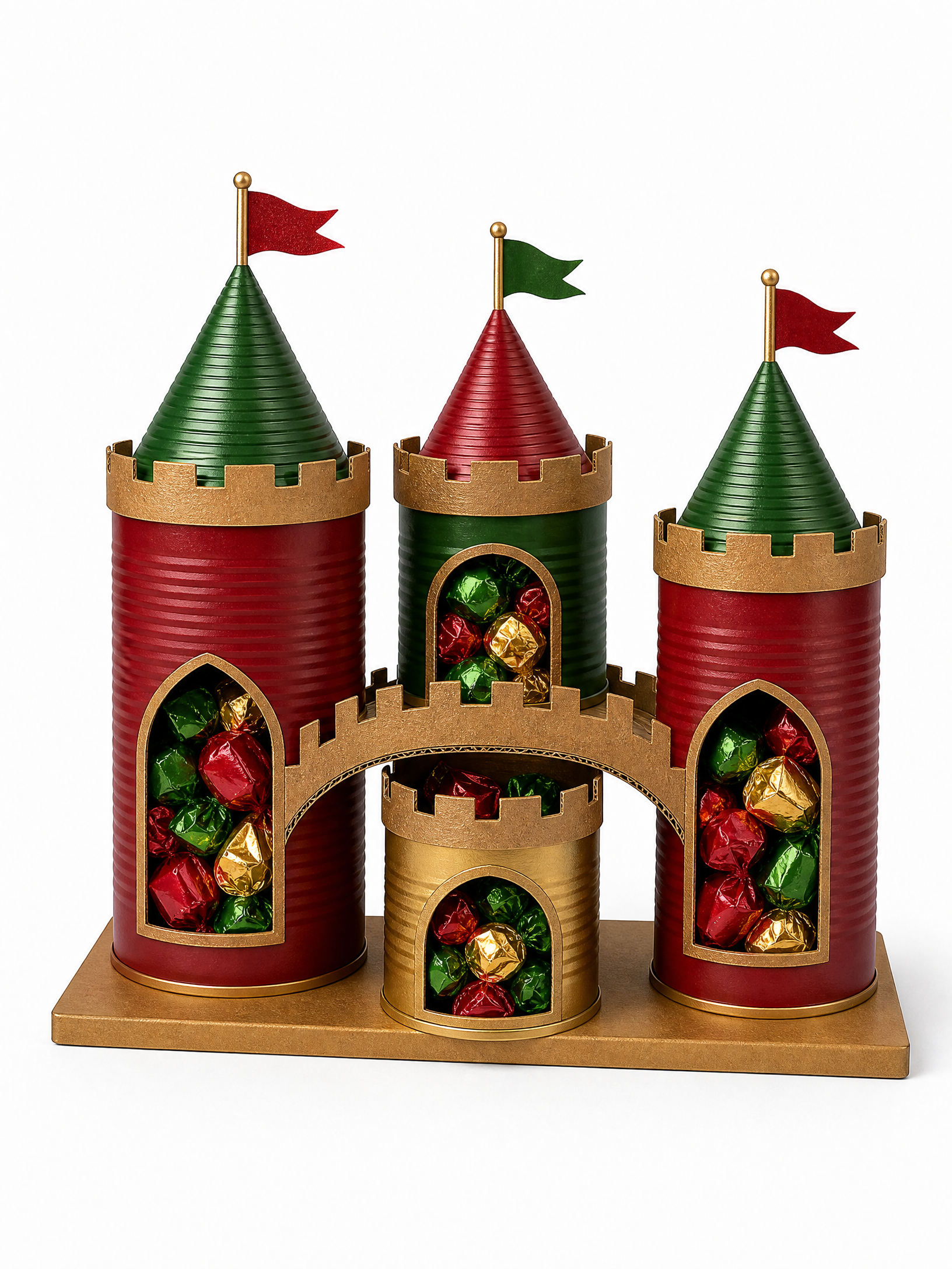 Castelo natalino de doces montado com latas recicladas, em fotografia vertical sobre fundo branco.