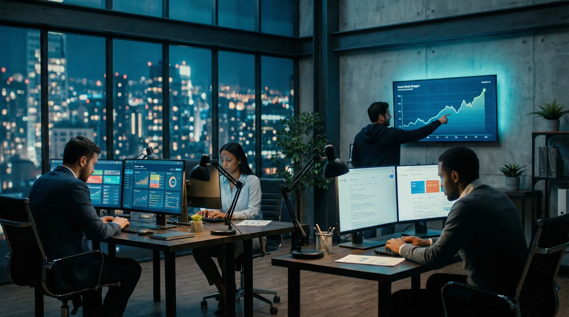 Agency team working late in a modern office with analytics dashboards