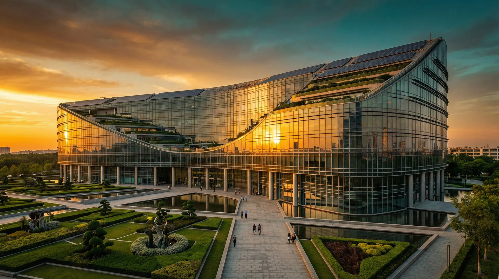 Modern commercial building at golden hour