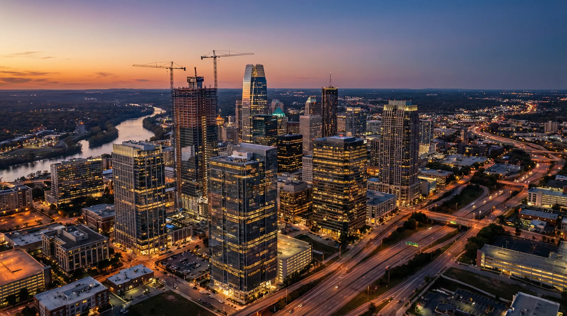 City skyline at dusk representing business growth