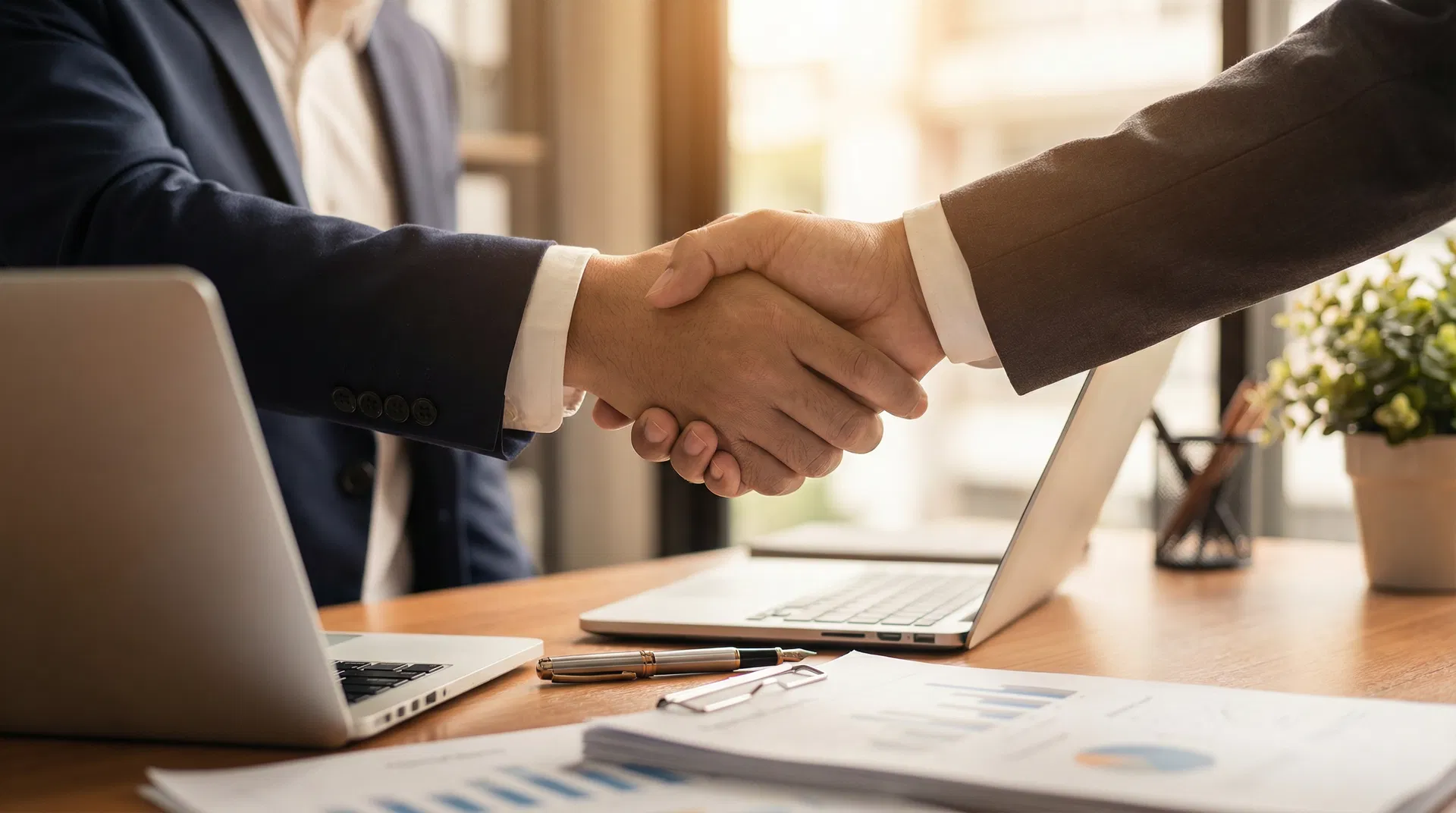 Business professionals shaking hands on a deal