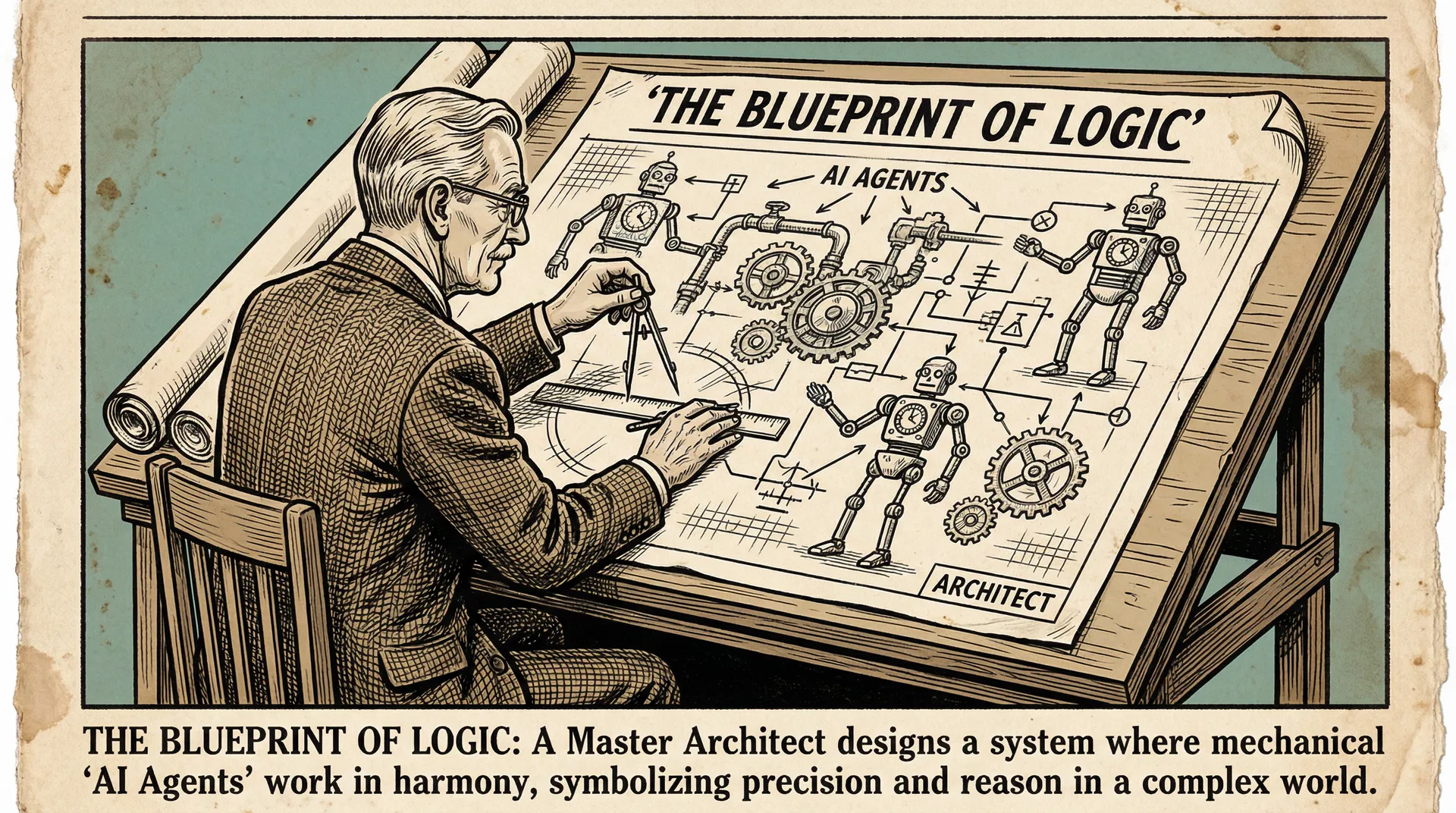 The Blueprint of Logic - A vintage illustration showing an architect designing a complex system with interconnected components