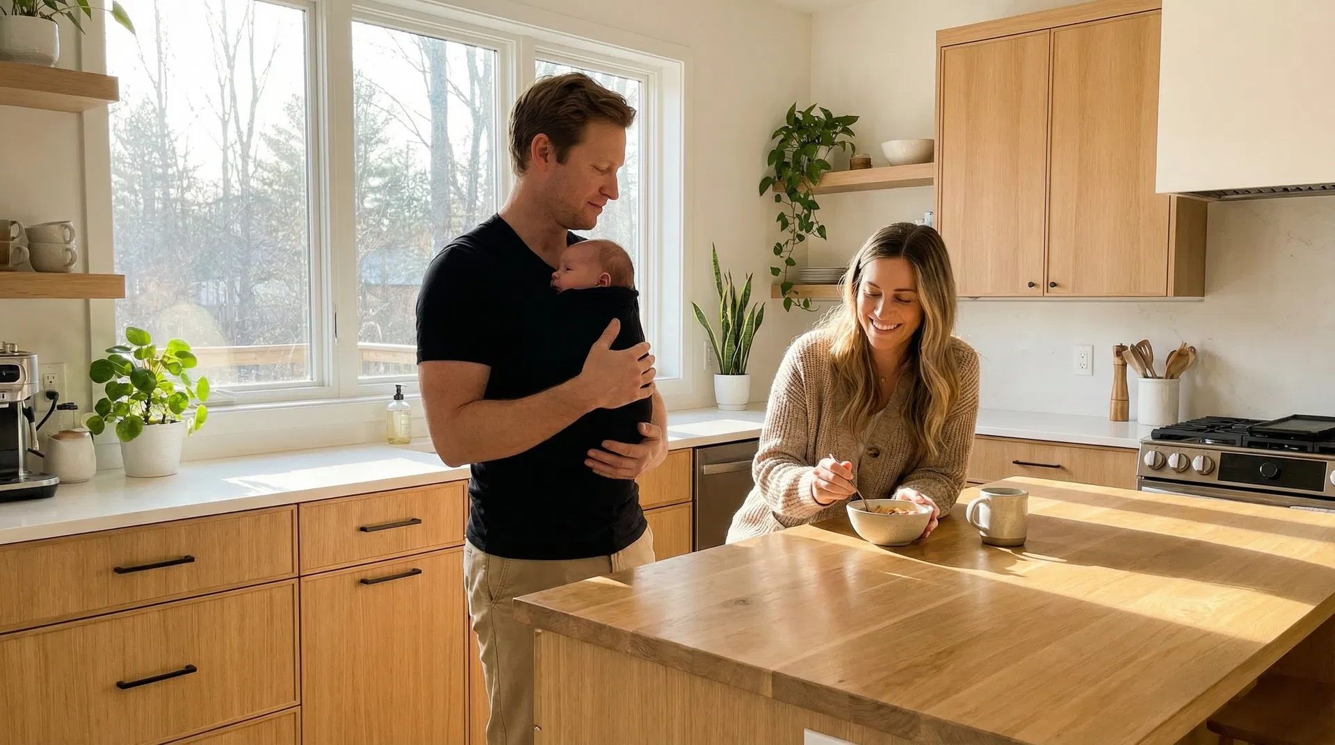 Dad holding baby in Lior shirt while mom eats breakfast peacefully at the kitchen island