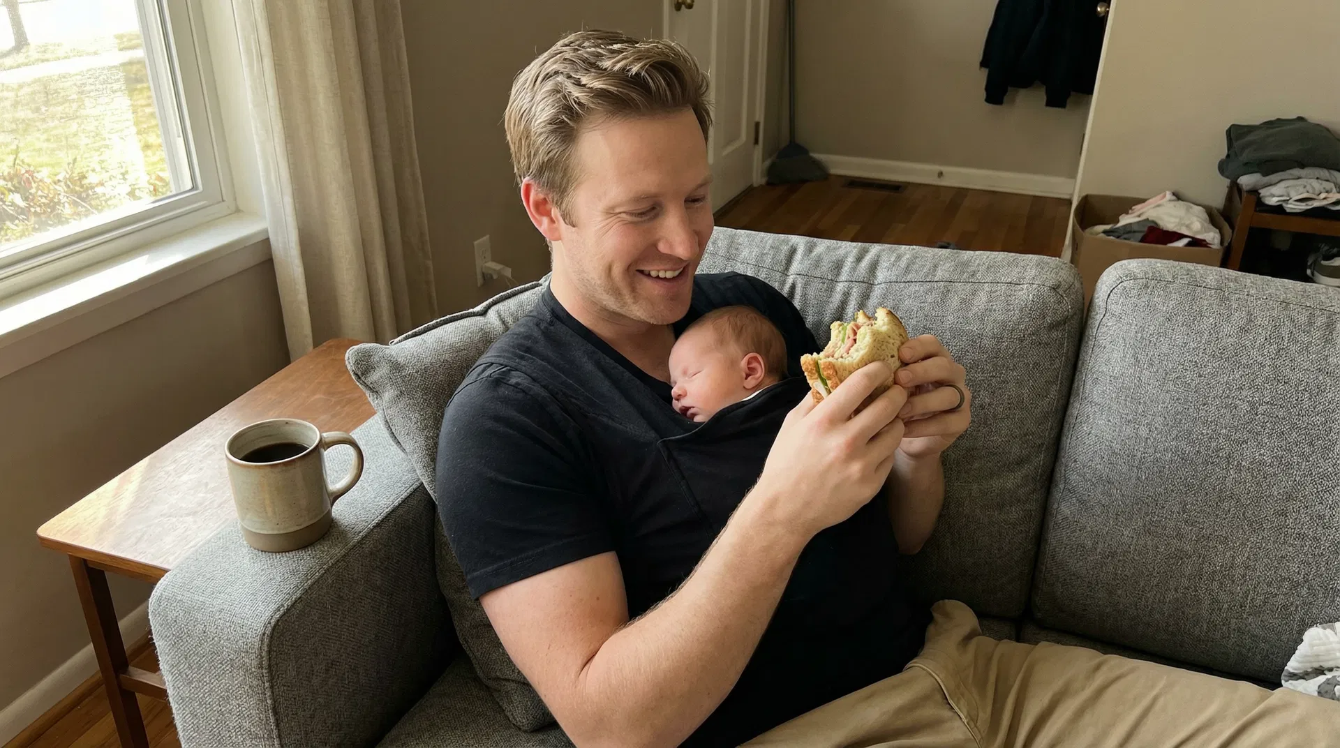 A dad relaxing on the couch while his baby sleeps peacefully in his Lior Kangaroo T-Shirt