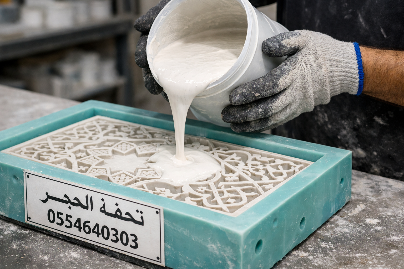 عملية صب الجبس في قوالب السيليكون - تحفة الحجر