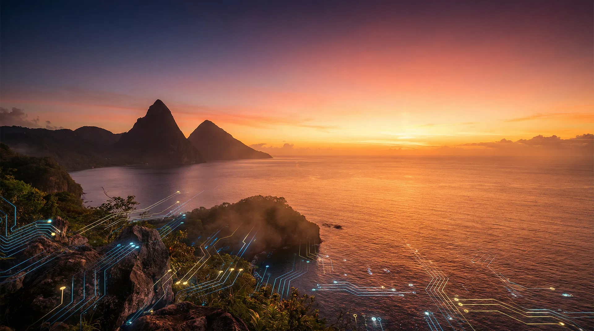 Caribbean sunrise over the Pitons with technology overlay
