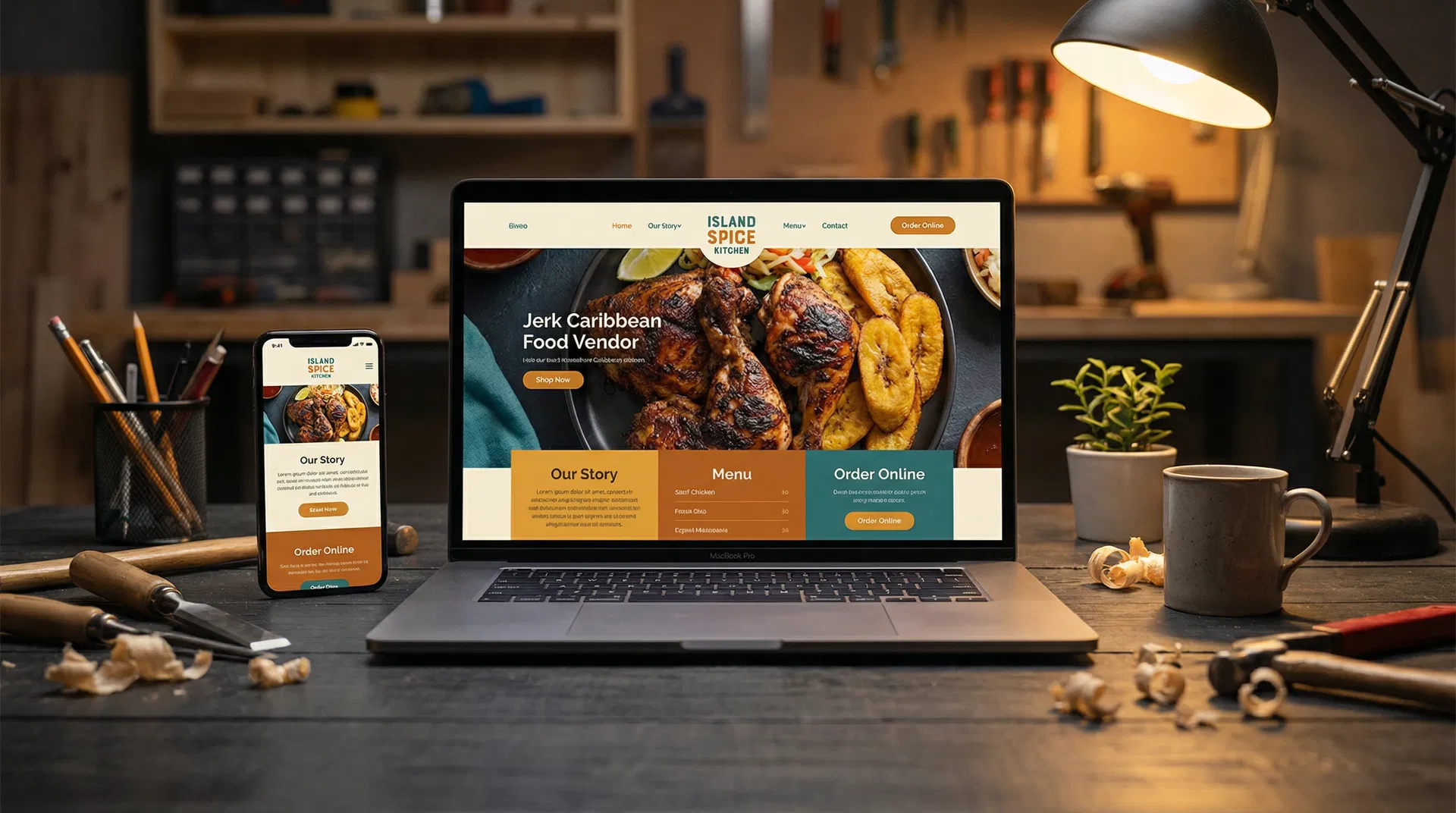 Professional website being built on laptop and phone