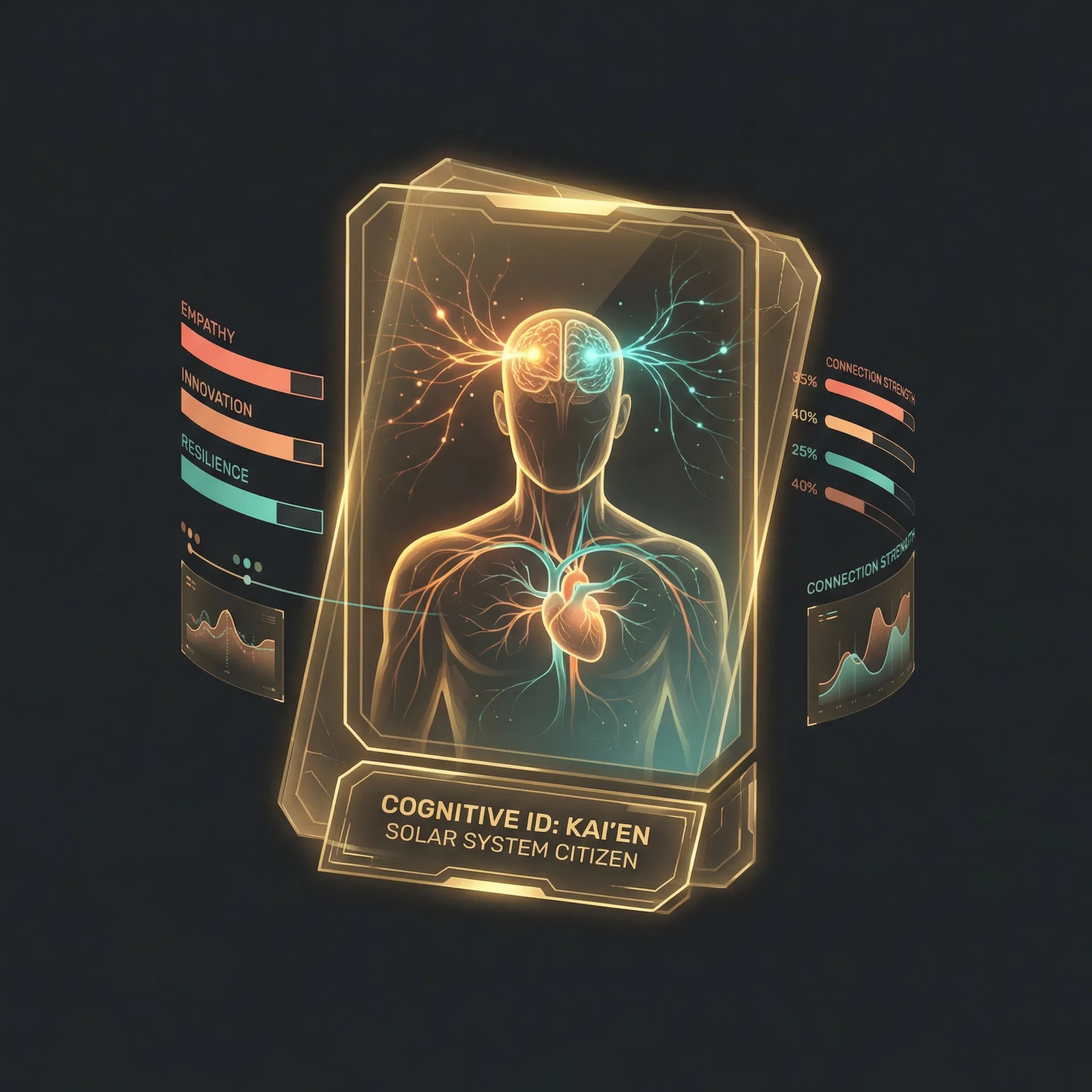 Futuristic Morphic cognitive profile card showing personality traits and connection data
