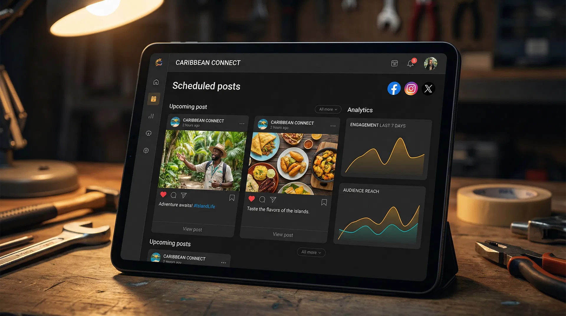 Social media management dashboard showing scheduled Caribbean business posts