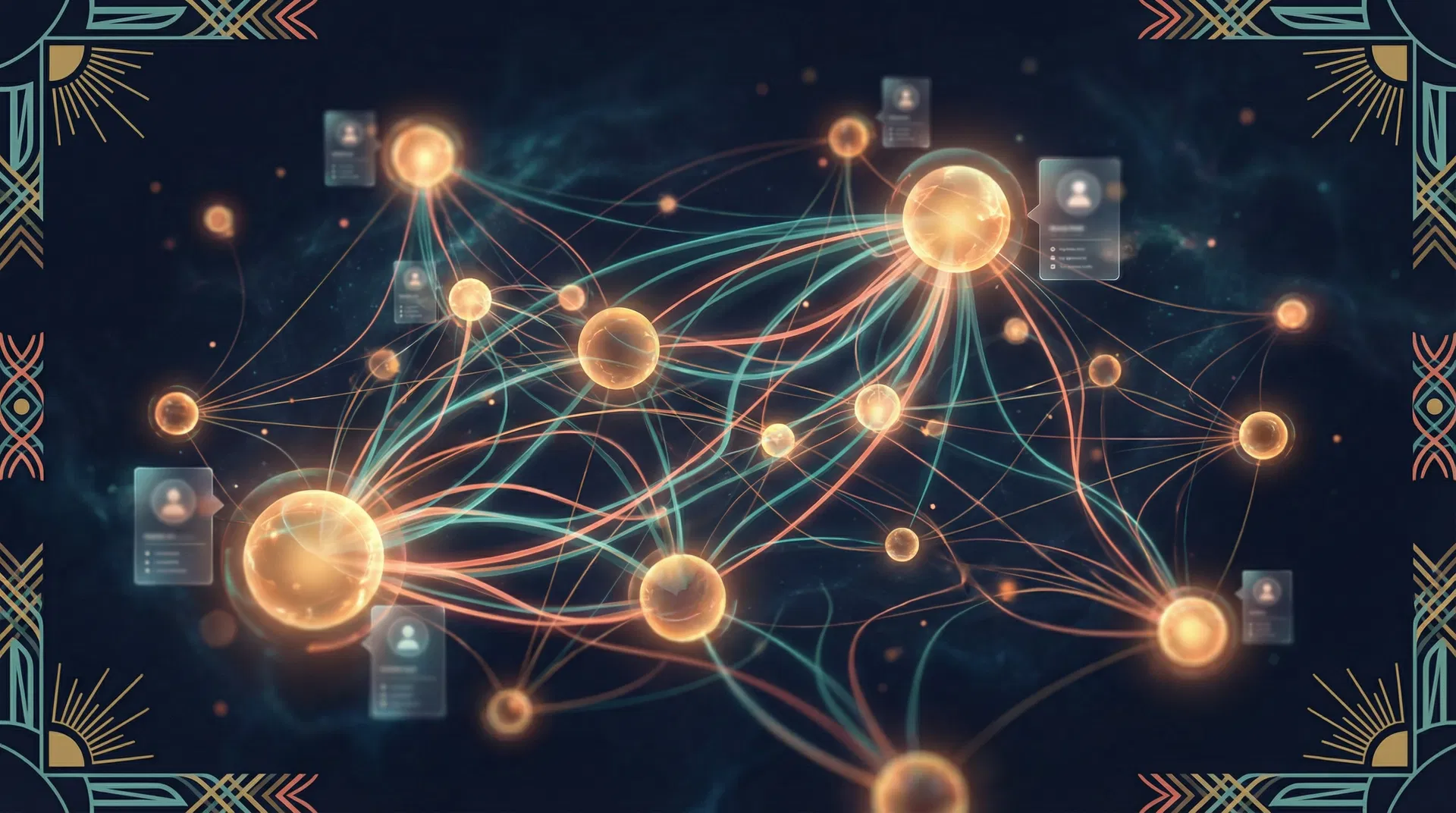 Visualization of interconnected business community network with glowing nodes