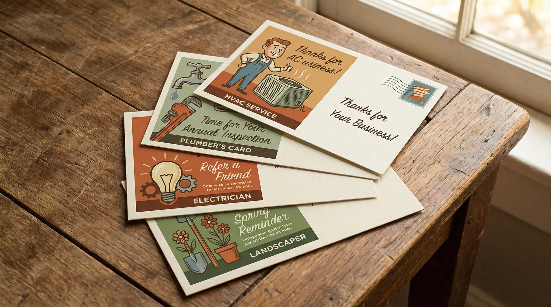 Home service company postcards - HVAC, plumbing, electrician, landscaper