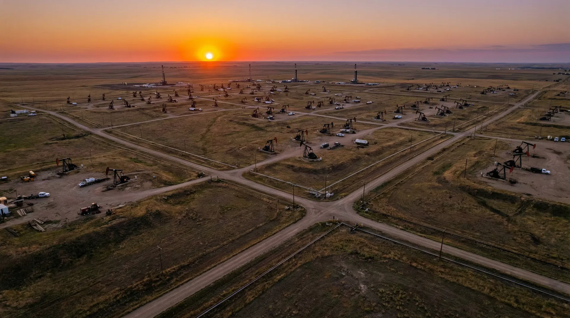 Oil field at sunset