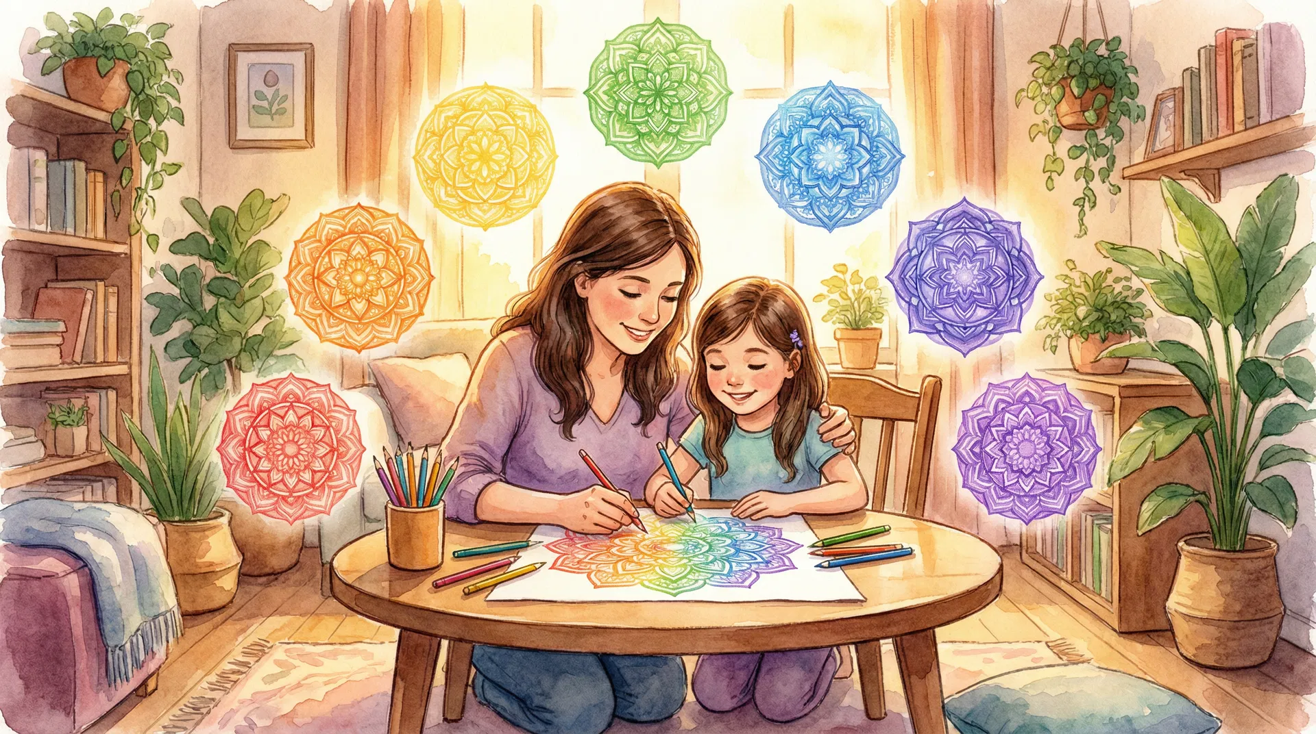 Mamă și copil colorând mandala împreună