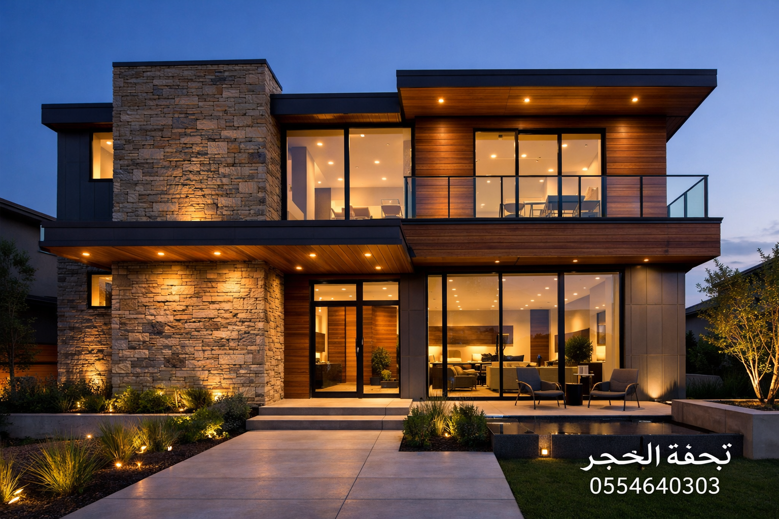 واجهة مودرن بحجر وخشب