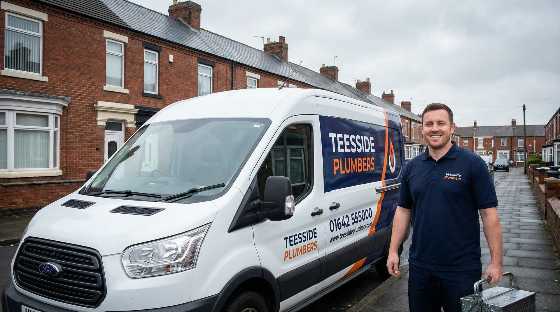 Teesside Plumbers branded van and plumber ready for a job in a Teesside neighbourhood