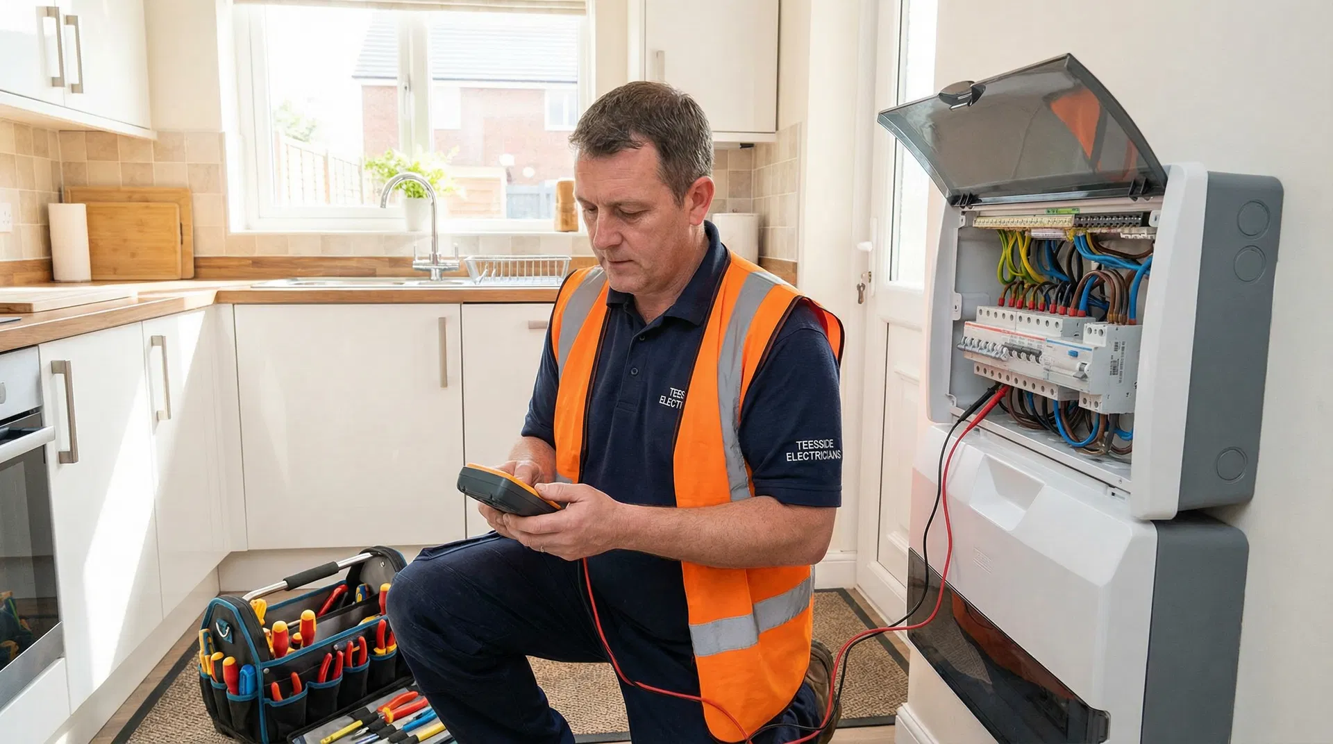 Teesside Electricians engineer testing a consumer unit in a residential property
