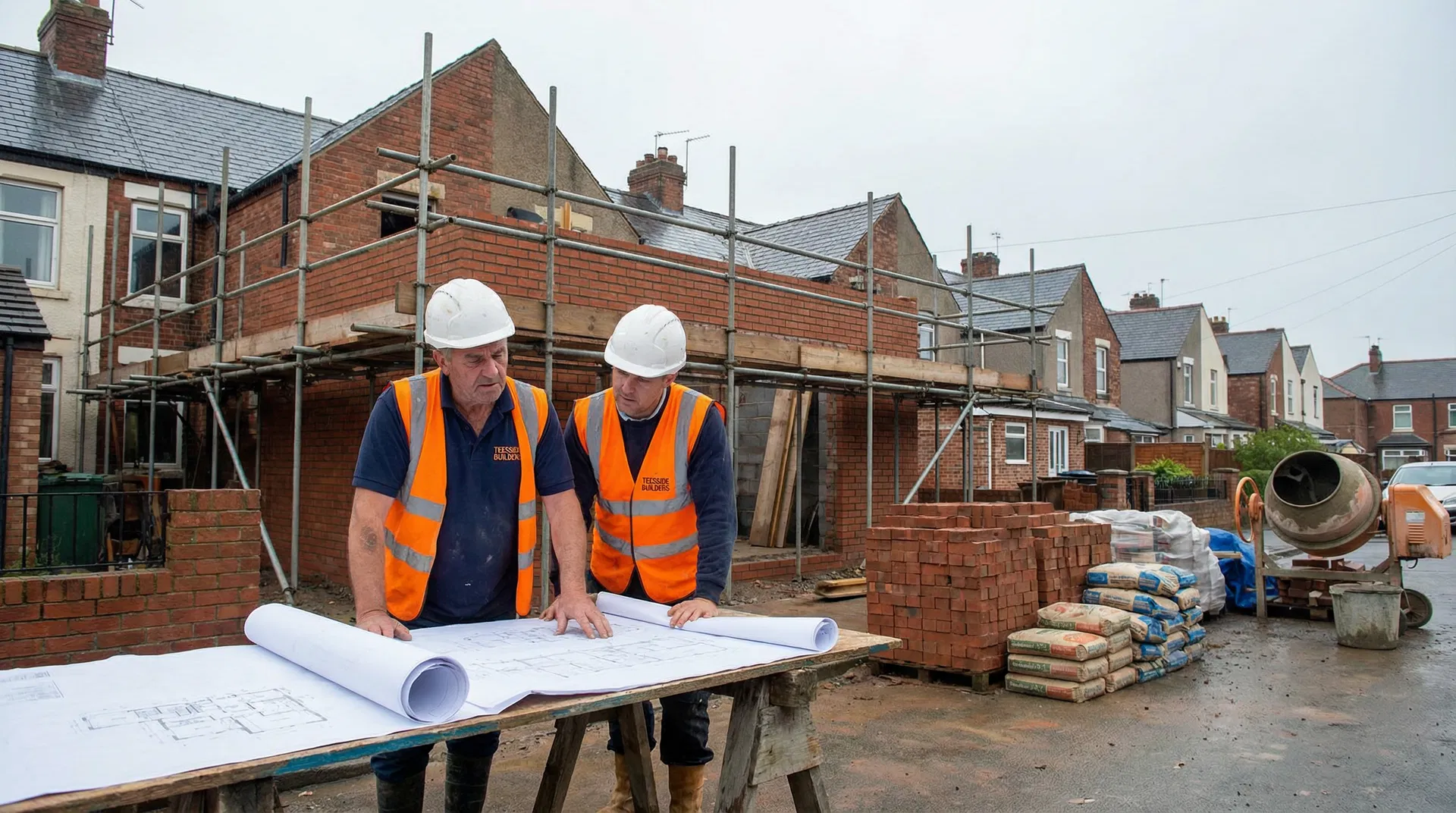 Teesside Builders reviewing building plans on a residential construction site