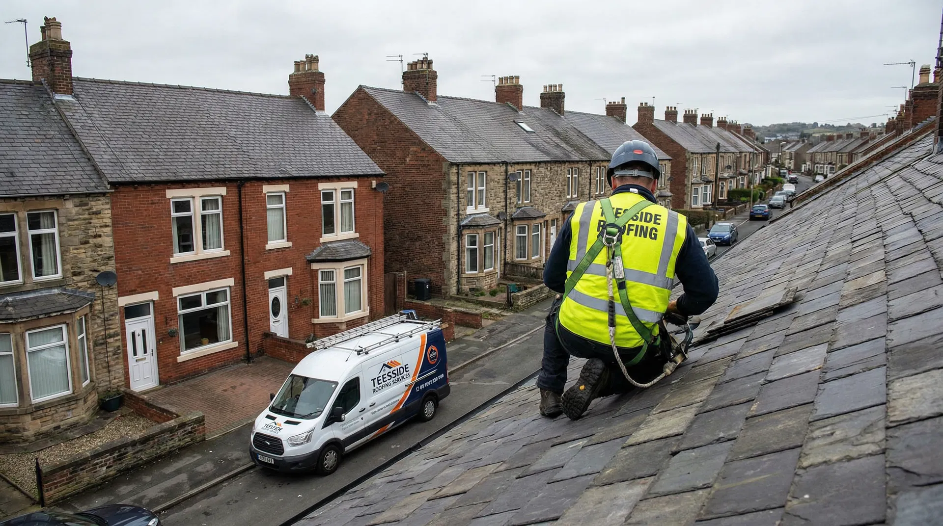 Teesside Roofing contractor working on a residential roof with branded van below