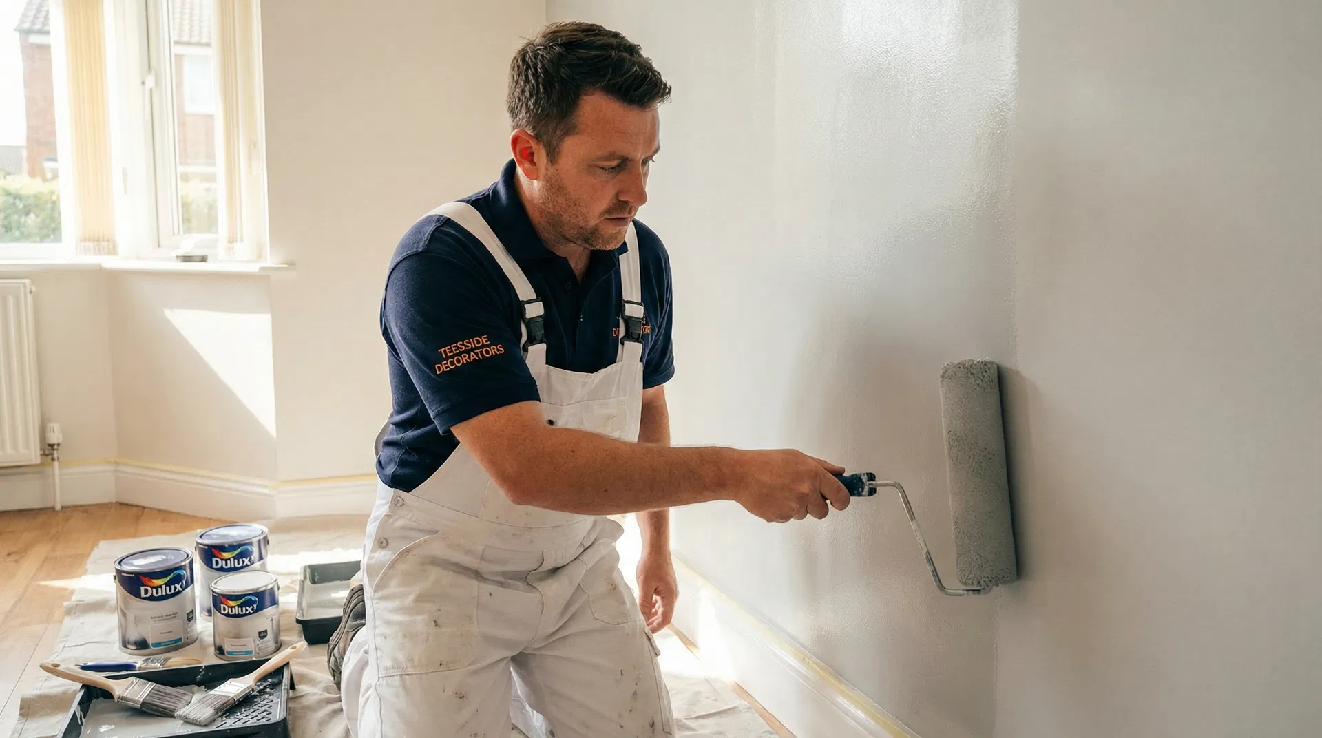 Teesside Decorators painter applying a smooth finish to a residential wall