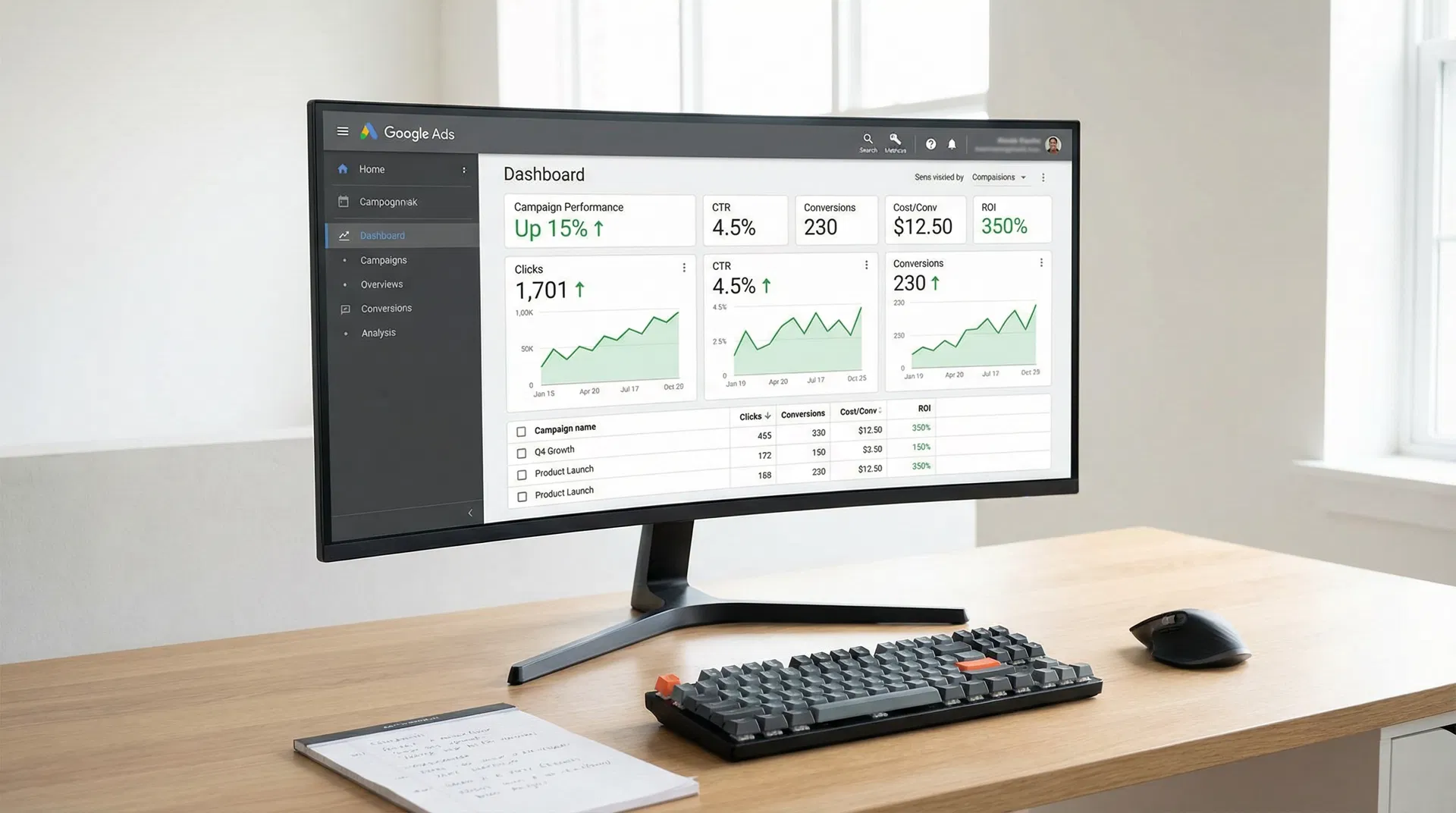 Google Ads campaign dashboard showing performance metrics