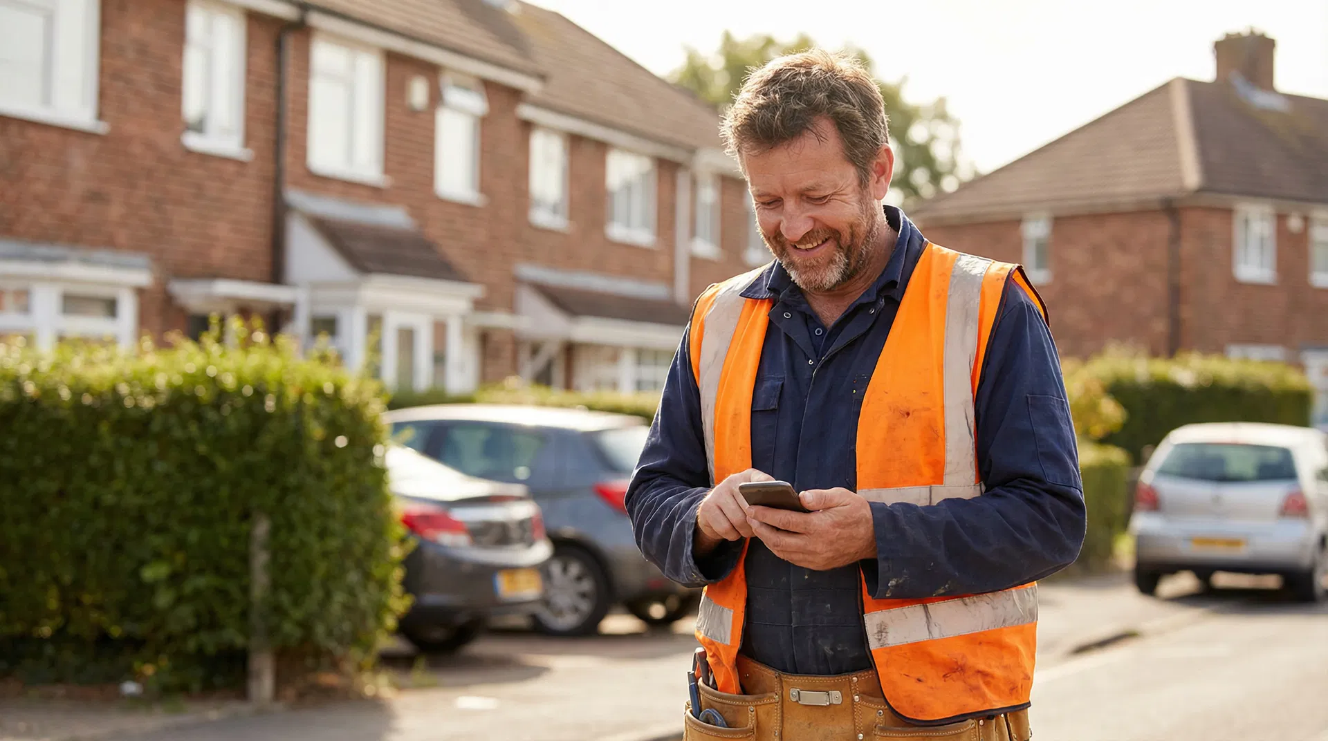 Trade professional receiving lead notification on phone while on a job