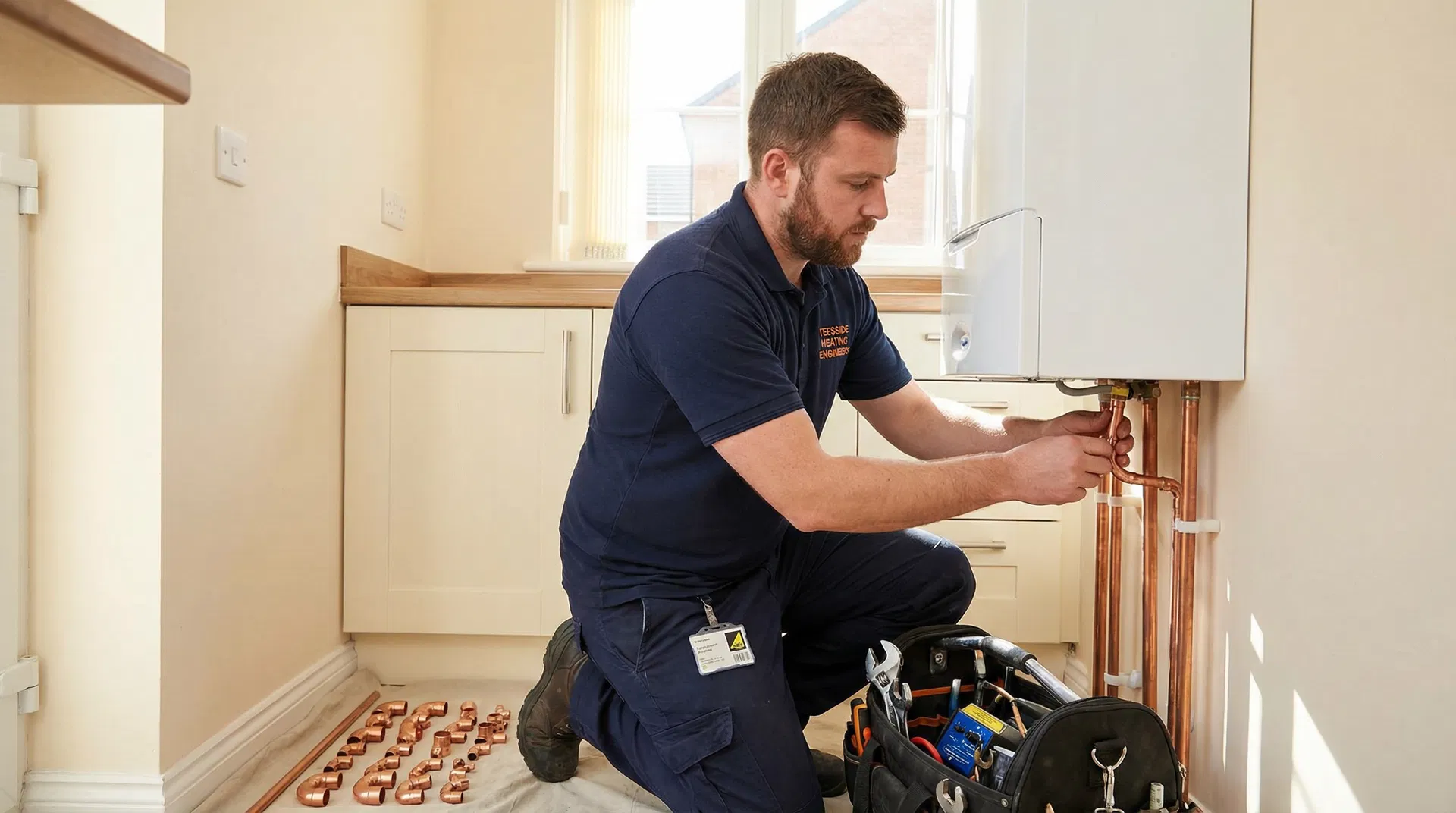 Teesside Heating Engineers professional installing a combi boiler in a residential kitchen
