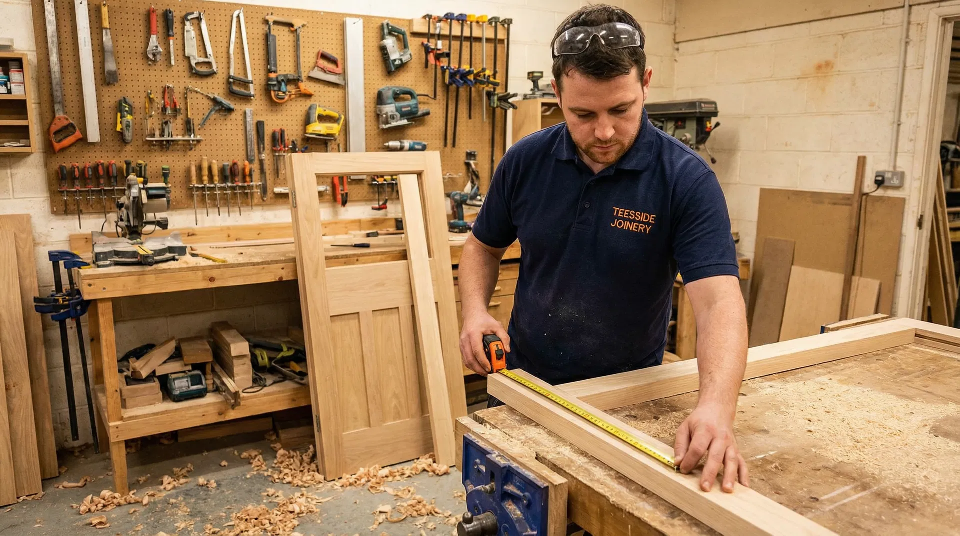 Teesside Joinery craftsman measuring timber in a professional workshop
