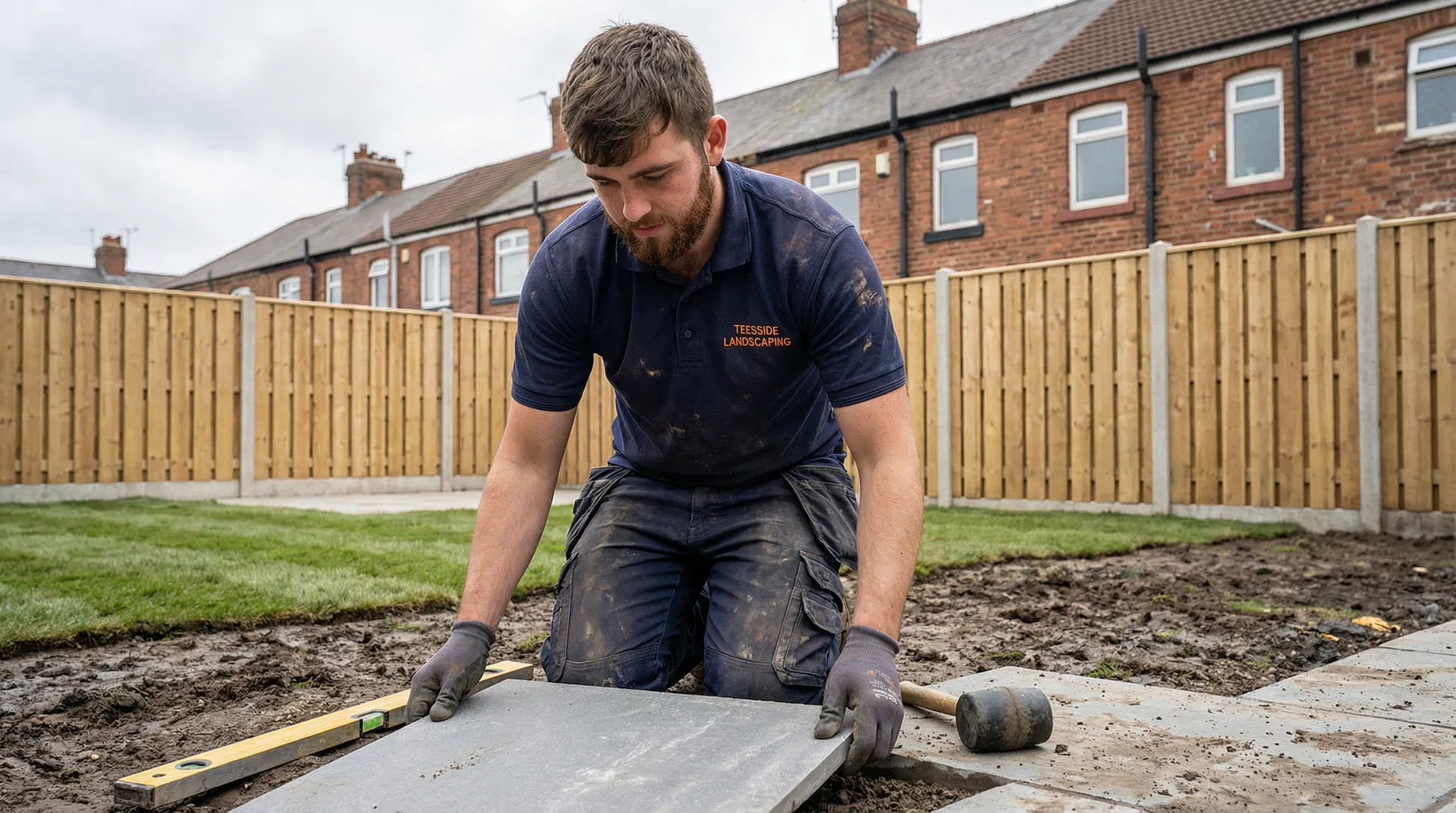 Teesside Landscaping professional laying paving slabs in a residential garden
