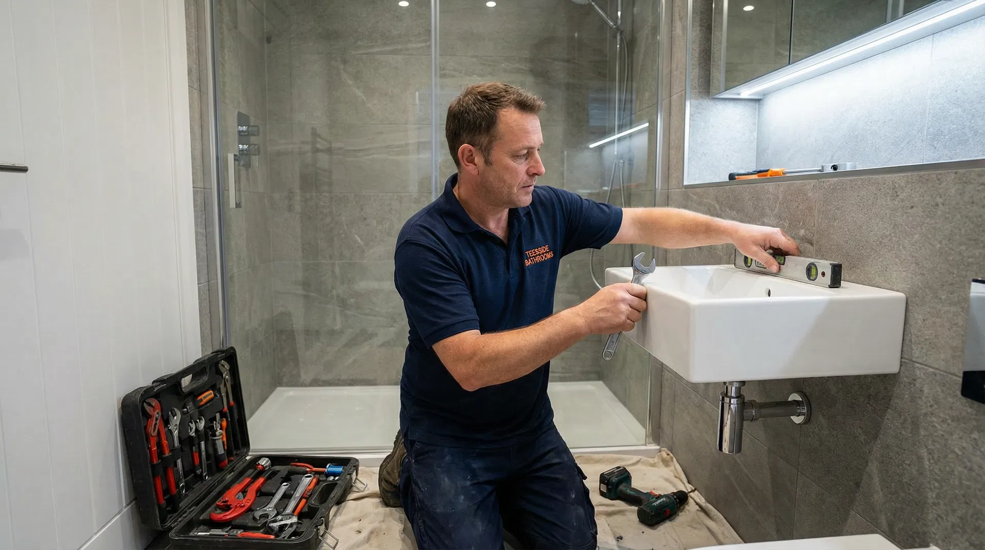 Teesside Bathrooms fitter installing a modern basin in a newly tiled bathroom