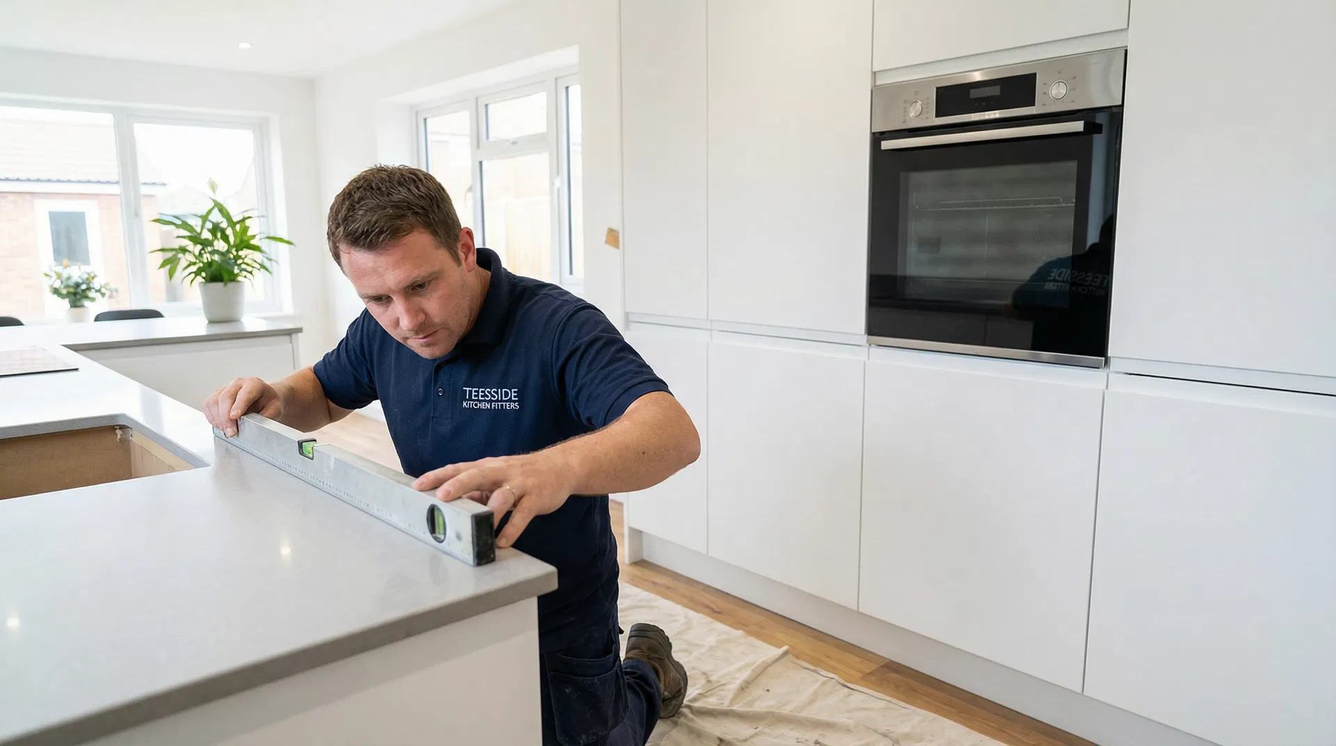 Teesside Kitchen Fitters professional installing a modern kitchen worktop