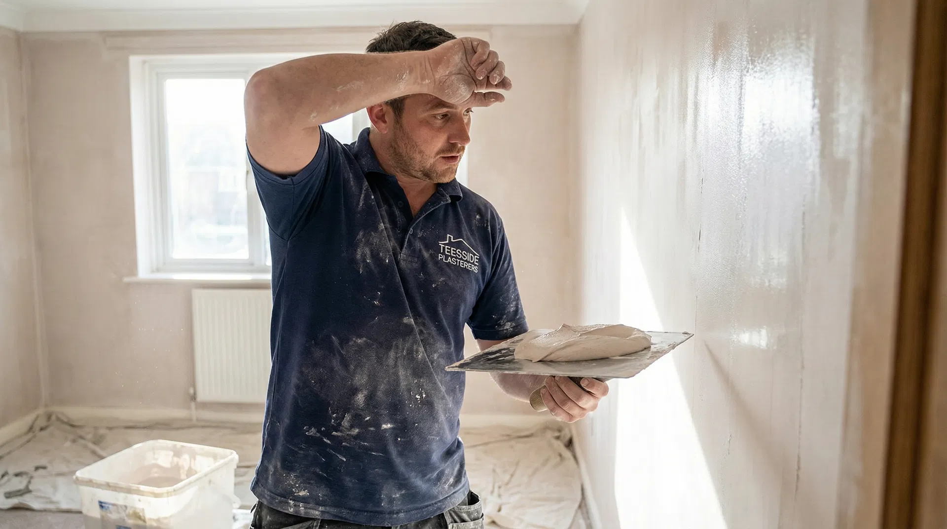 Teesside Plasterers tradesman applying a smooth skim coat to a residential wall