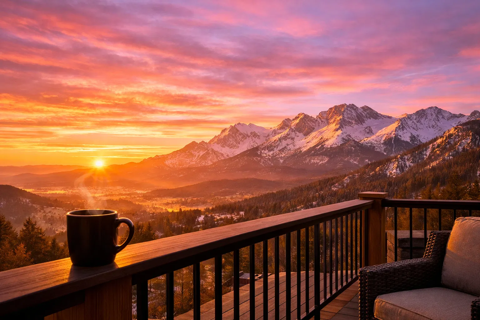 Colorado mountain sunrise with coffee
