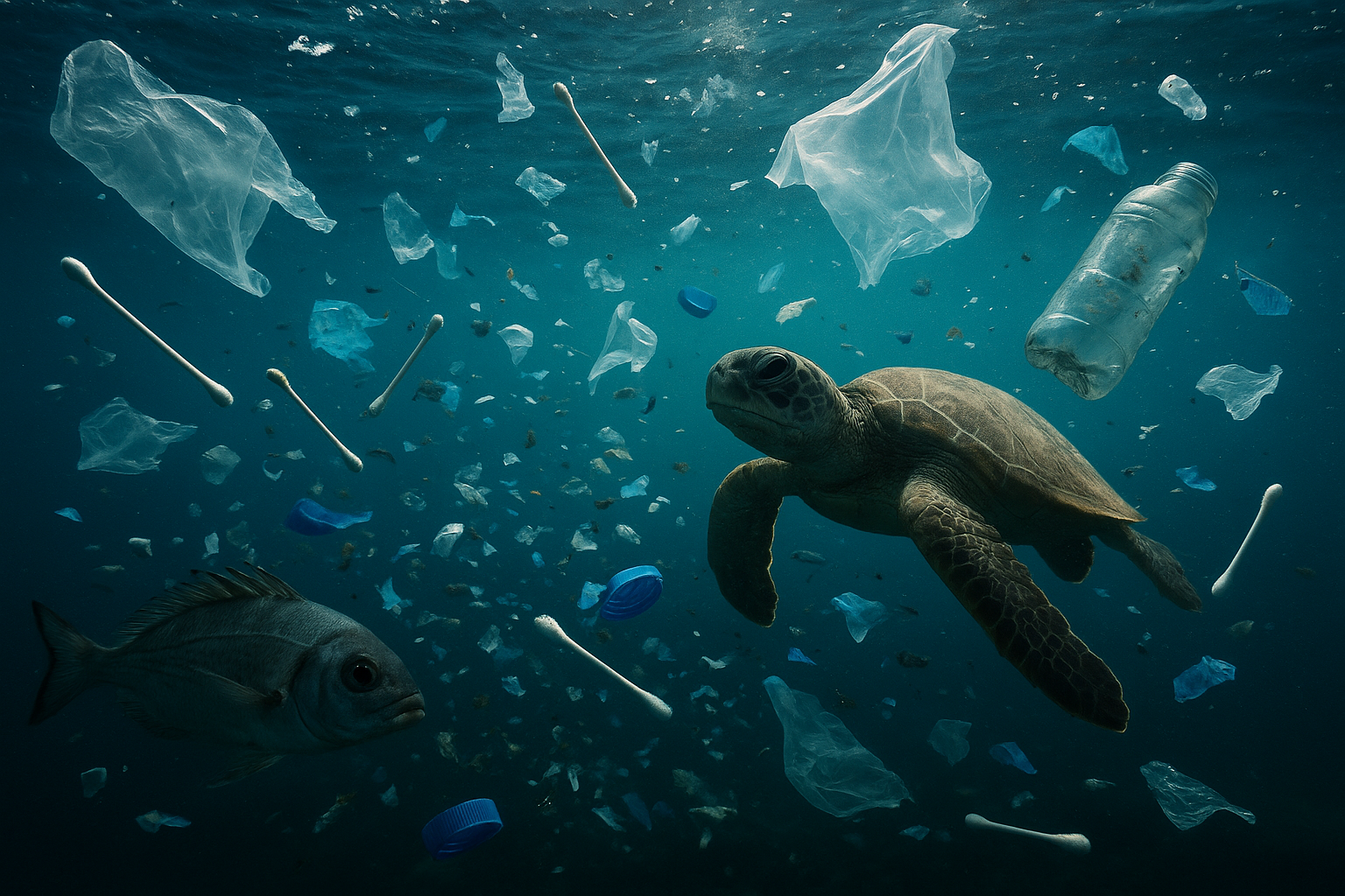 Ocean plastic pollution with a sea turtle and cotton swabs