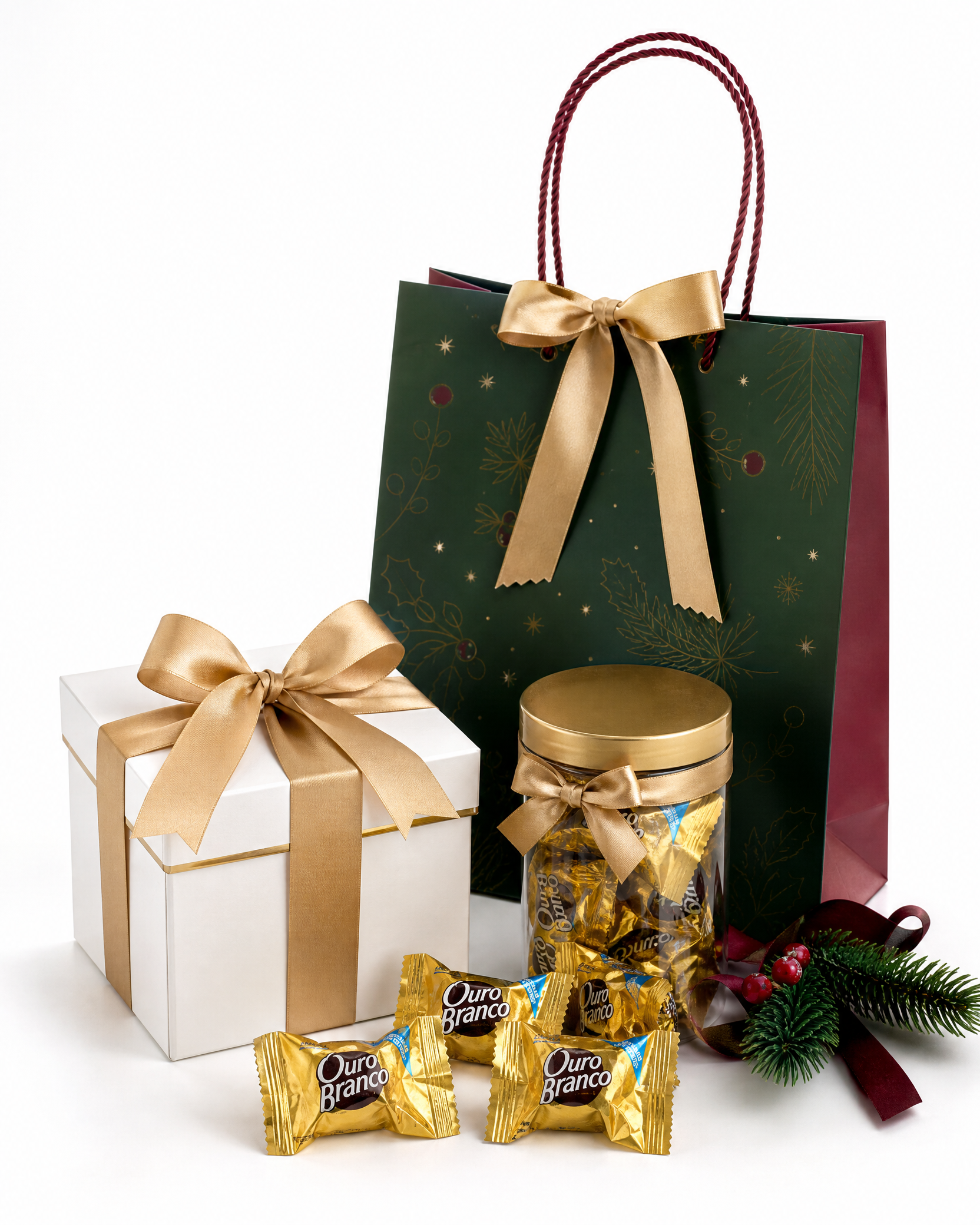 Kit corporativo natalino com caixa, pote, sacola e bombons Ouro Branco