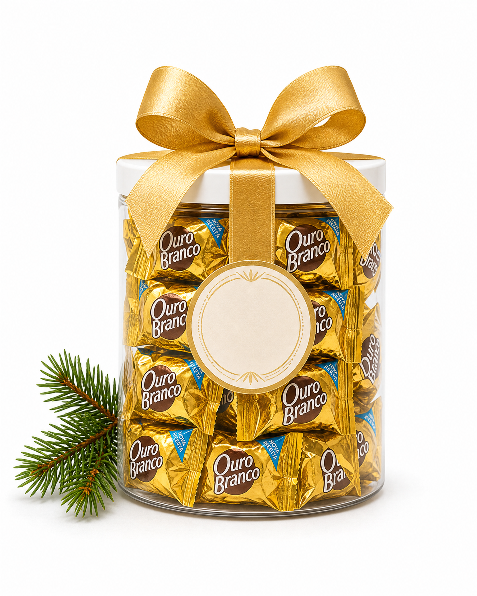 Pote transparente com bombons Ouro Branco, tampa branca e laço dourado