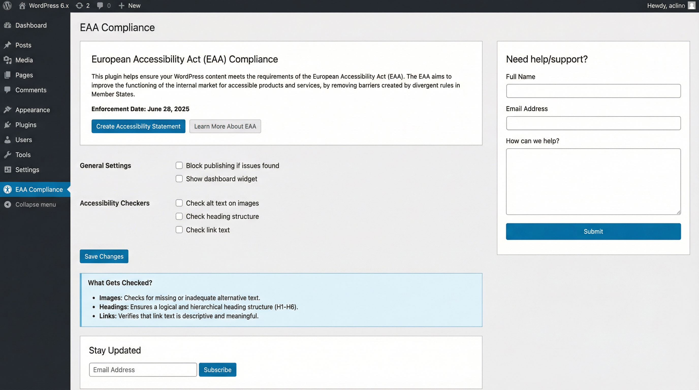 EAA Compliance Settings Page