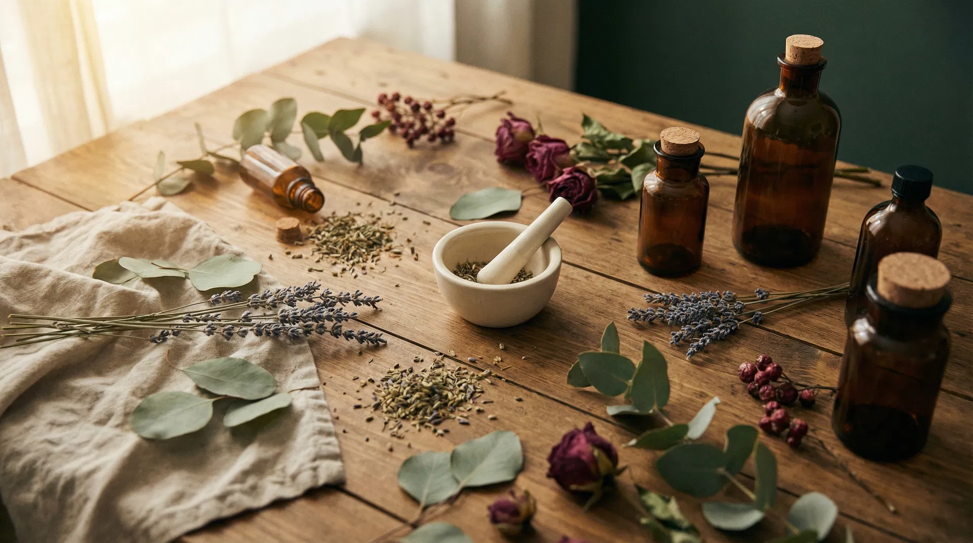 Warm overhead view of a wooden table with botanical healing supplies, mortar and pestle, dried herbs, and amber apothecary bottles