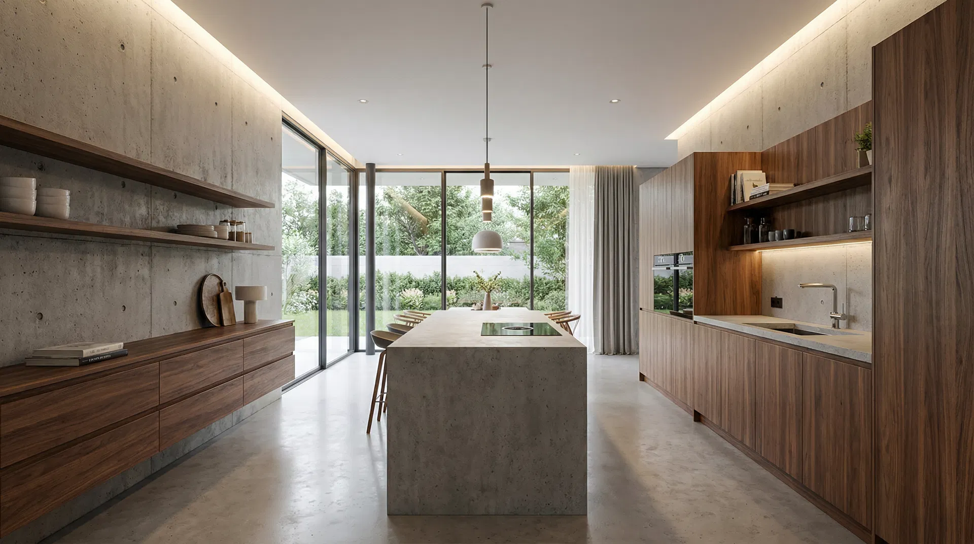 Cozinha Integrada — ilha em concreto, madeira quente e iluminação que transforma o espaço. #cozinha #design