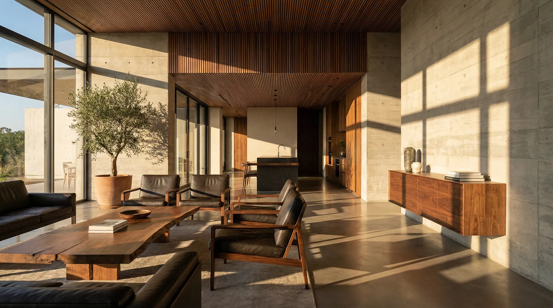 Interior Sofisticado — luz natural, concreto exposto e madeira quente em 180m². #interiores #design #arquitetura