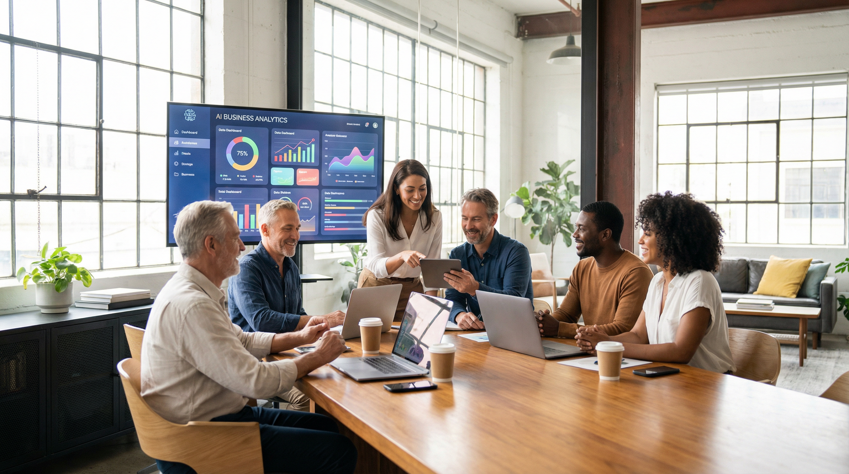 Small business owners collaborating with AI analytics Small business owners collaborating with AI analytics