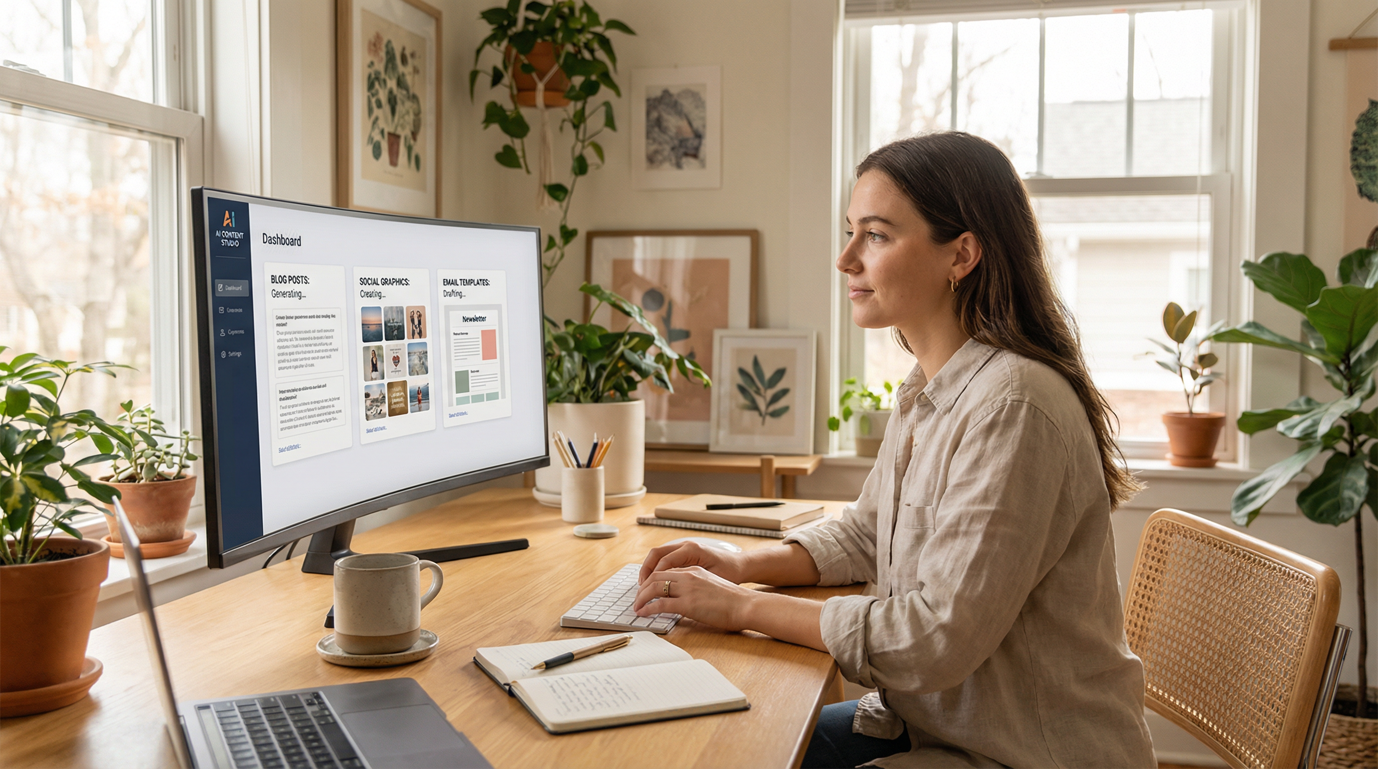 Entrepreneur using AI content creation tools at home office Entrepreneur using AI content creation tools at home office