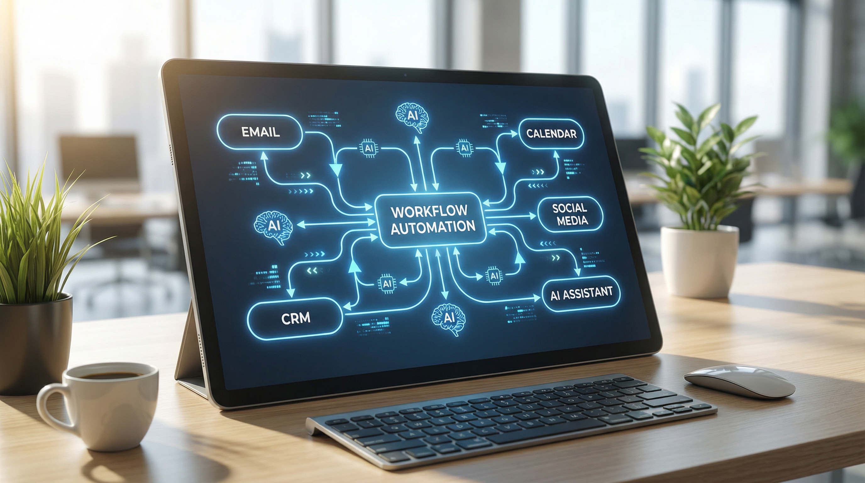 Workflow automation diagram showing connected business apps Workflow automation diagram showing connected business apps