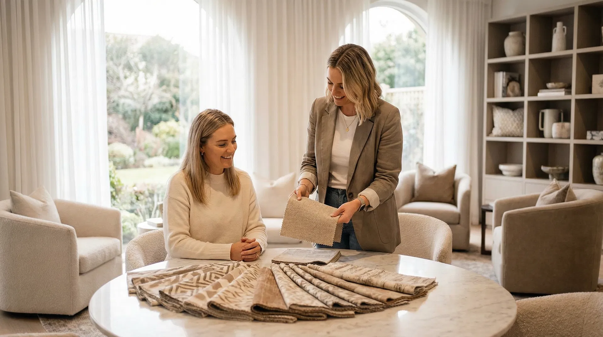 Consultora apresentando amostras de tecidos para cortinas e persianas sob medida