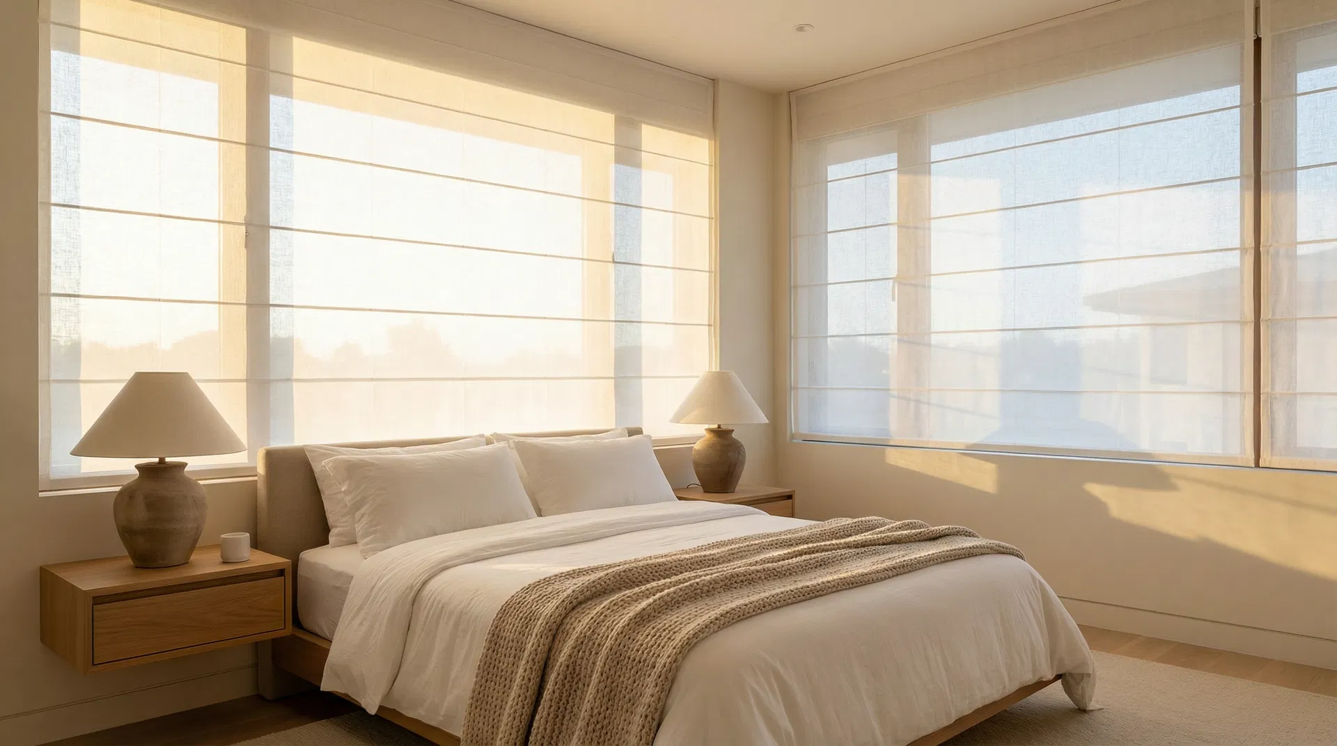 Quarto com persianas romanas