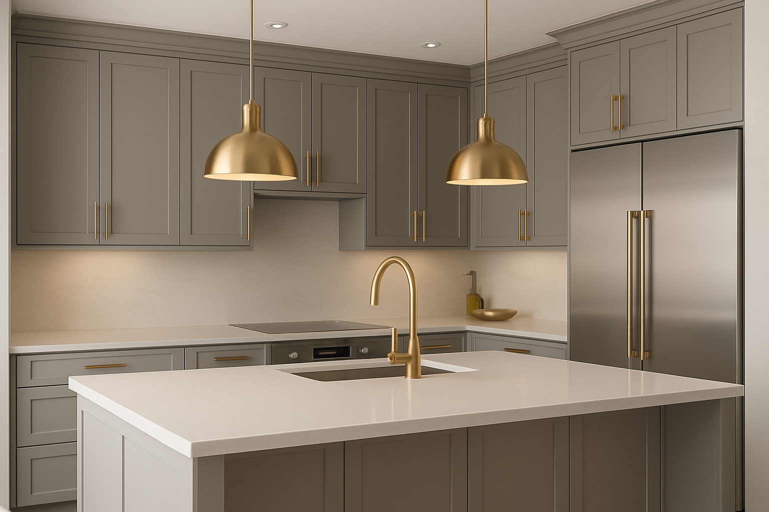 Cozinha moderna com armários cinza e detalhes dourados