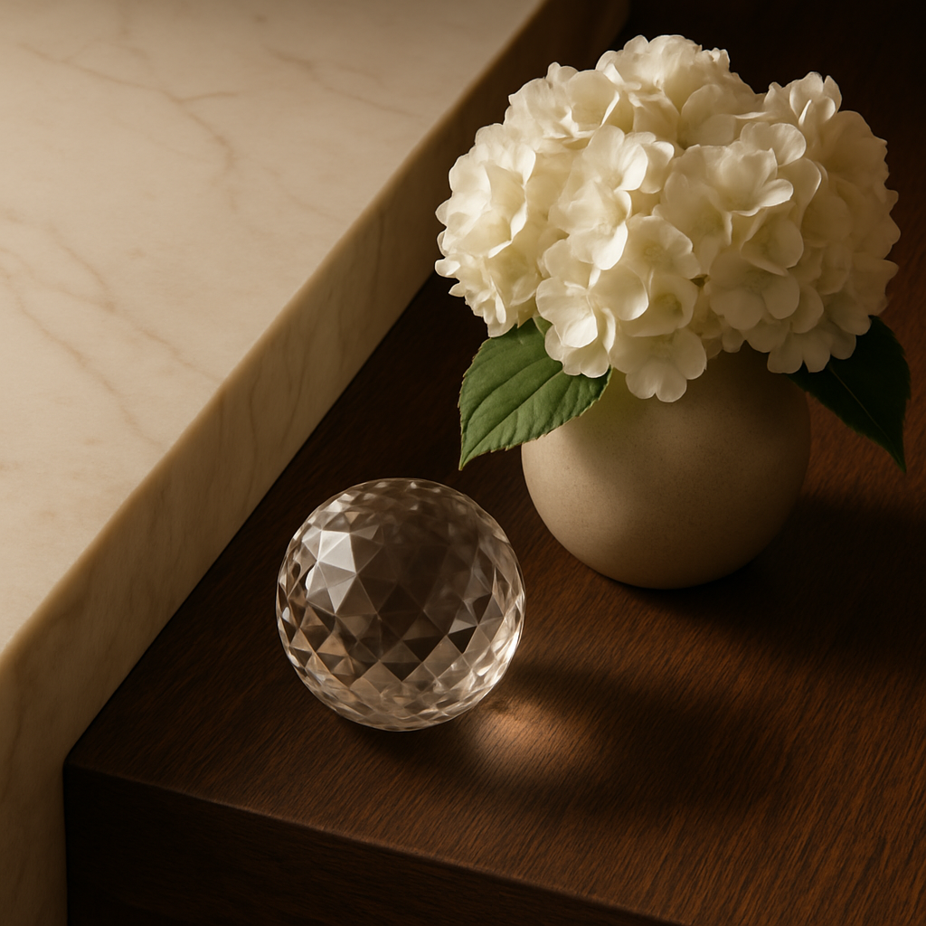 Detalhe de materiais nobres em decoração atemporal