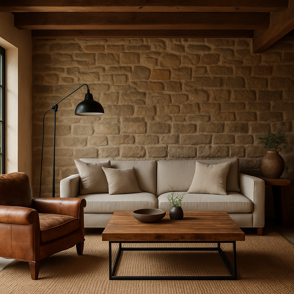 Sala de estar em estilo rústico moderno com parede de pedra e sofá moderno
