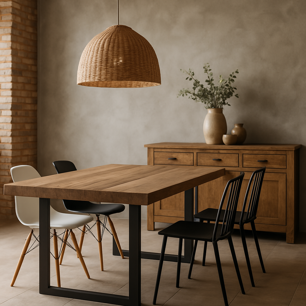 Sala de jantar em estilo rústico moderno com mesa de madeira e cadeiras de design